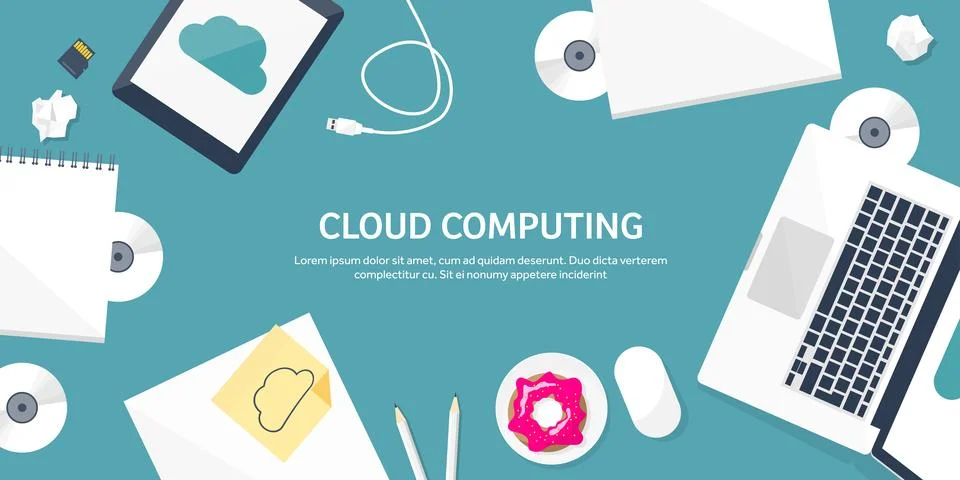 Vector illustration. Workplace table with documents, computer. Flat cloud 스톡 일러스트