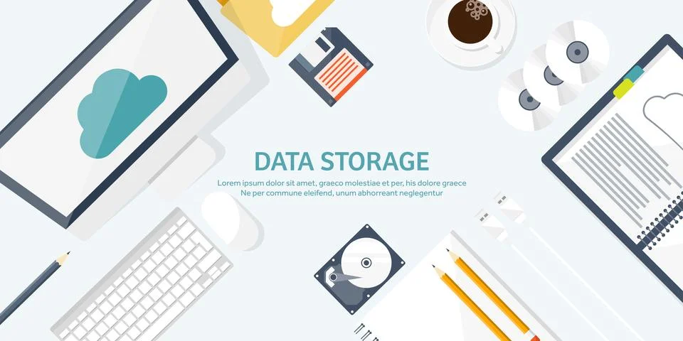 Vector illustration. Workplace table with documents, computer. Flat cloud Illustrazione stock