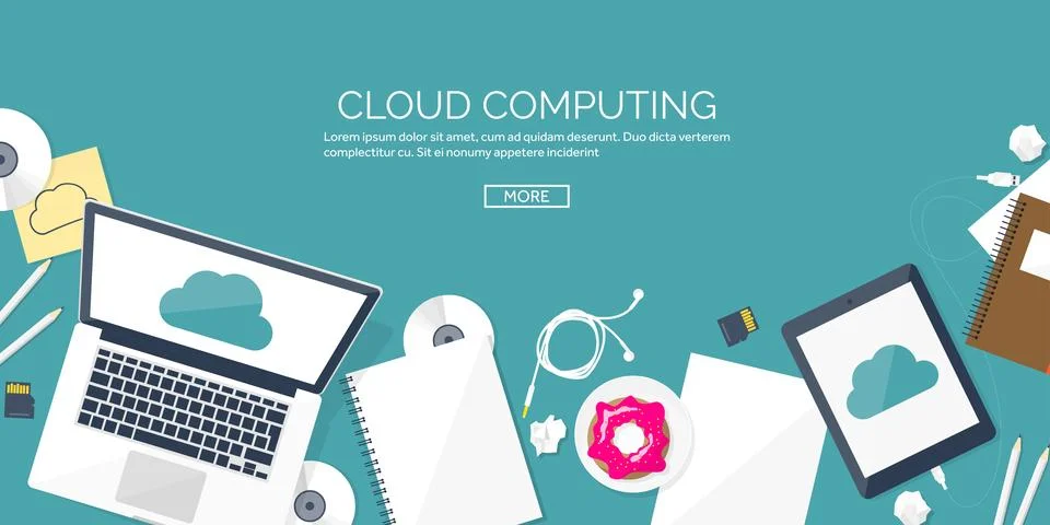 Vector illustration. Workplace table with documents, computer. Flat cloud Stock Illustration