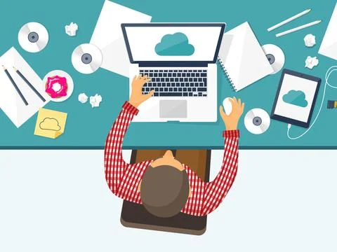 Vector illustration. Workplace, table with documents, computer. Flat cloud 스톡 일러스트