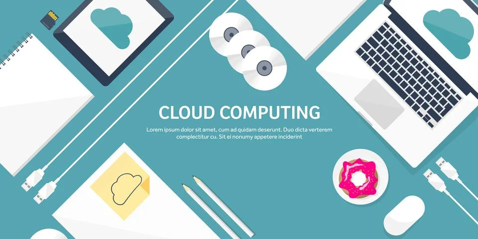 Vector illustration. Workplace table with documents, computer. Flat cloud Stock Illustration