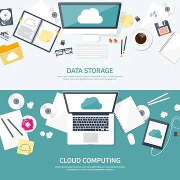 Vector illustration. Workplace table with documents, computer. Flat cloud Stock Illustration