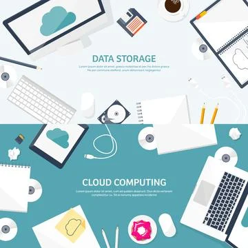 Vector illustration. Workplace table with documents, computer. Flat cloud イラスト素材