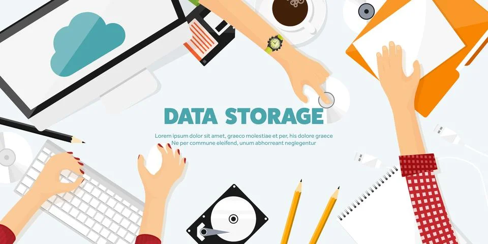 Vector illustration. Workplace, table with documents, computer. Flat cloud Stock Illustration