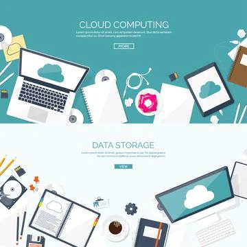 Vector illustration. Workplace table with documents, computer. Flat cloud 스톡 일러스트