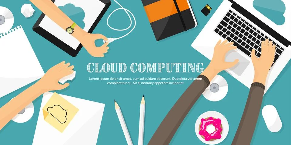 Vector illustration. Workplace, table with documents, computer. Flat cloud 스톡 일러스트