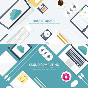Vector illustration. Workplace table with documents, computer. Flat cloud Stock Illustration