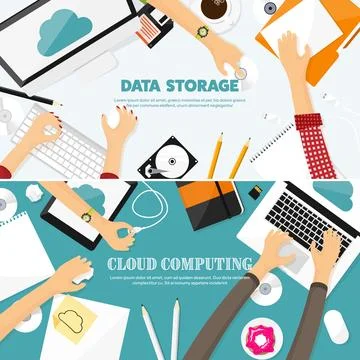 Vector illustration. Workplace, table with documents, computer. Flat cloud 스톡 일러스트