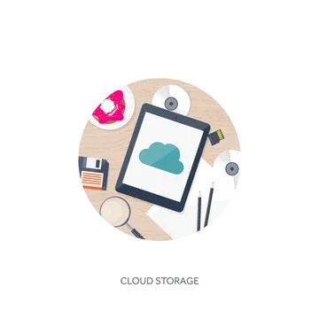 Vector illustration. Workplace table with documents, computer. Flat cloud 스톡 일러스트