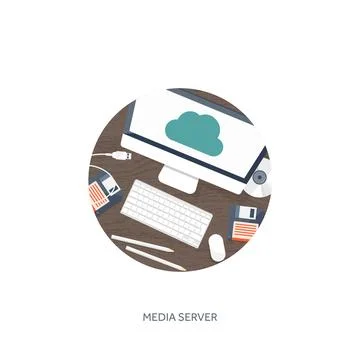 Vector illustration. Workplace table with documents, computer. Flat cloud Stock Illustration