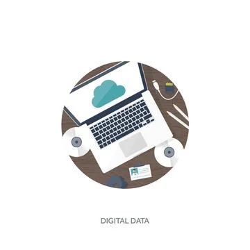 Vector illustration. Workplace table with documents, computer. Flat cloud 스톡 일러스트