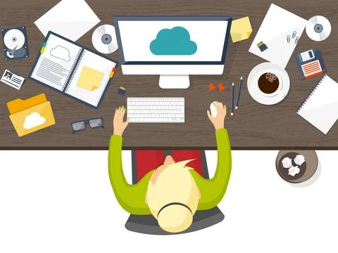 Vector illustration. Workplace, table with documents, computer. Flat cloud Stock Illustration