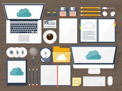 Vector illustration. Workplace, table with documents, computer. Flat cloud Stock Illustration