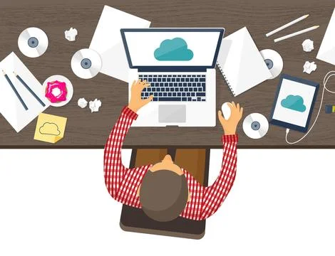 Vector illustration. Workplace, table with documents, computer. Flat cloud Illustrazione stock