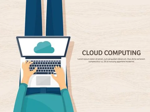 Vector illustration. Workplace, table with documents, computer. Flat cloud Stock Illustration