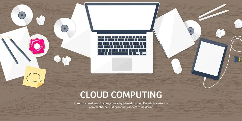 Vector illustration. Workplace table with documents, computer. Flat cloud Stock Illustration
