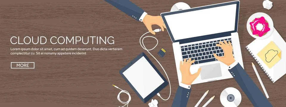 Vector illustration. Workplace table with documents, computer. Flat cloud イラスト素材