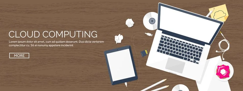 Vector illustration. Workplace table with documents, computer. Flat cloud Stock Illustration