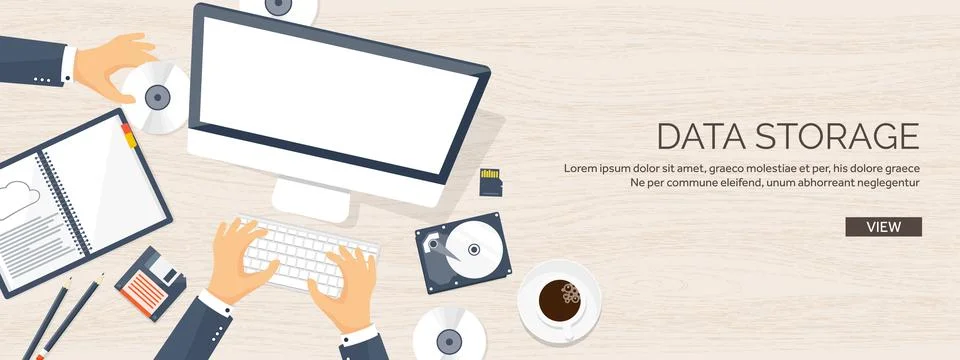 Vector illustration. Workplace table with documents, computer. Flat cloud Illustrazione stock