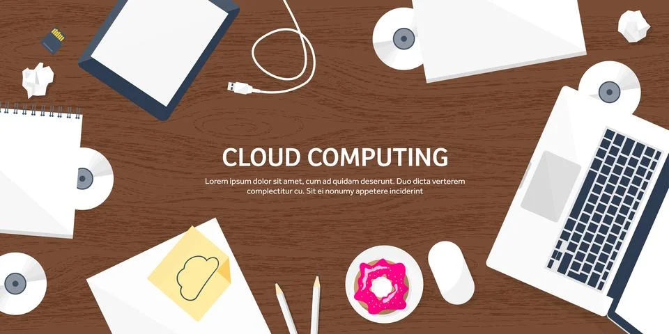 Vector illustration. Workplace table with documents, computer. Flat cloud Illustrazione stock
