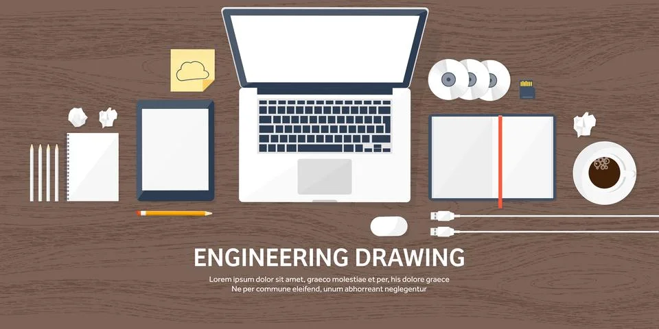 Vector illustration. Workplace table with documents, computer. Flat cloud 스톡 일러스트