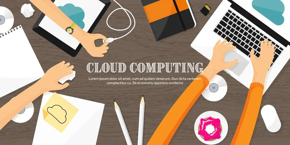 Vector illustration. Workplace, table with documents, computer. Flat cloud Stock Illustration