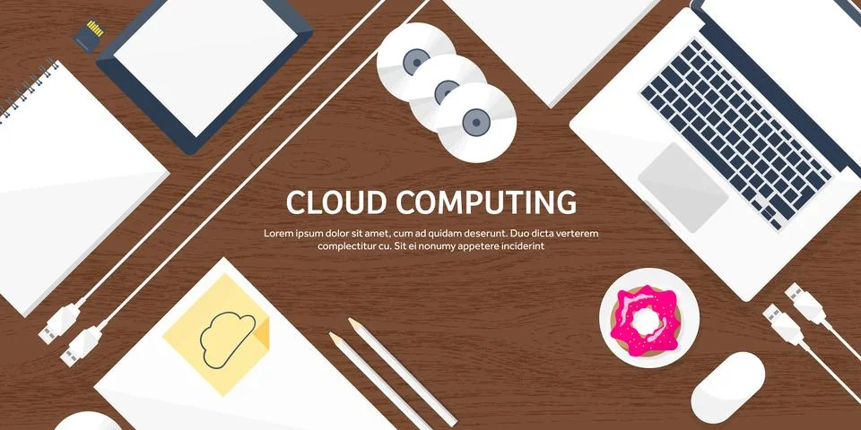 Vector illustration. Workplace table with documents, computer. Flat cloud Stock Illustration