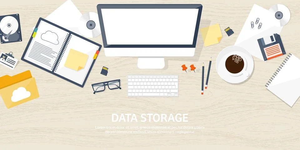 Vector illustration. Workplace table with documents, computer. Flat cloud Illustrazione stock