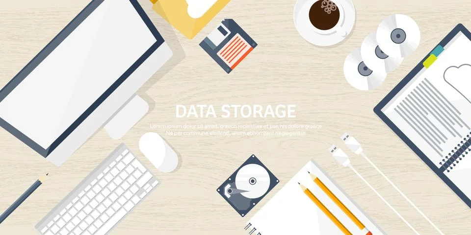 Vector illustration. Workplace table with documents, computer. Flat cloud Illustrazione stock