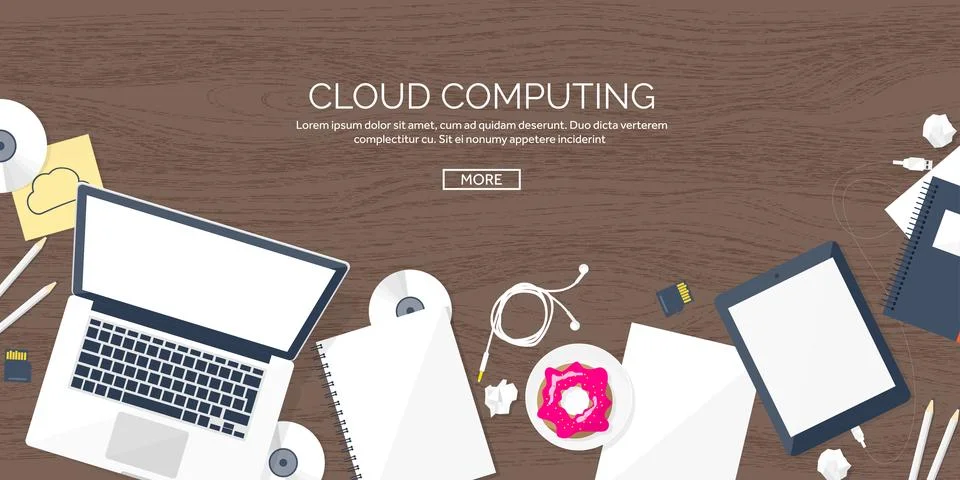 Vector illustration. Workplace table with documents, computer. Flat cloud Illustrazione stock