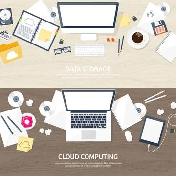 Vector illustration. Workplace table with documents, computer. Flat cloud 스톡 일러스트