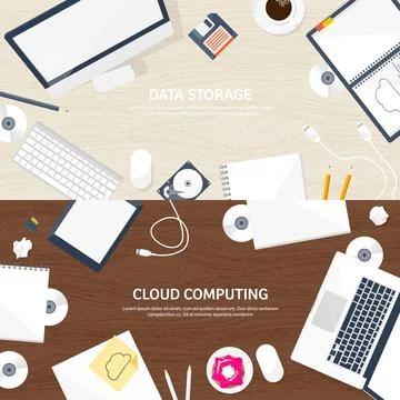 Vector illustration. Workplace table with documents, computer. Flat cloud Stock Illustration