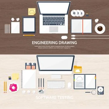 Vector illustration. Workplace table with documents, computer. Flat cloud Stock Illustration
