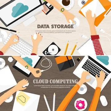 Vector illustration. Workplace, table with documents, computer. Flat cloud Stock Illustration