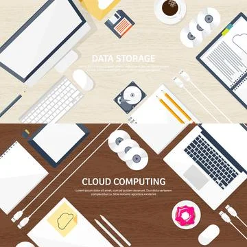 Vector illustration. Workplace table with documents, computer. Flat cloud Stock Illustration