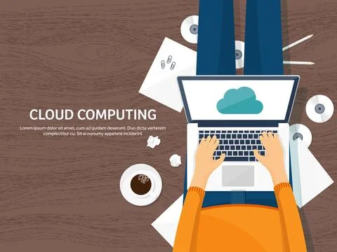 Vector illustration. Workplace, table with documents, computer. Flat cloud Stock Illustration