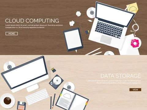 Vector illustration. Workplace table with documents, computer. Flat cloud Stock Illustration