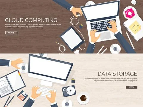 Vector illustration. Workplace table with documents, computer. Flat cloud Stock Illustration