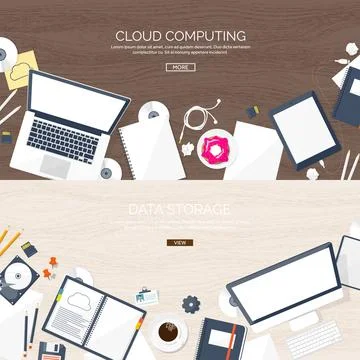 Vector illustration. Workplace table with documents, computer. Flat cloud 스톡 일러스트