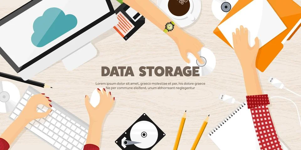 Vector illustration. Workplace, table with documents, computer. Flat cloud Stock Illustration