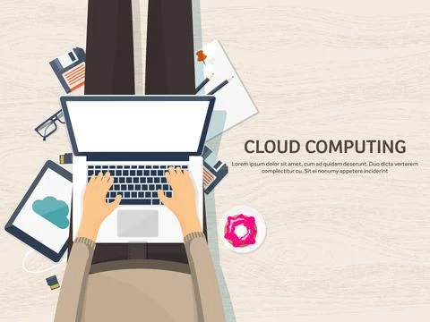 Vector illustration. Workplace, table with documents, computer. Flat cloud 스톡 일러스트