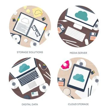 Vector illustration. Workplace table with documents, computer. Flat cloud 스톡 일러스트