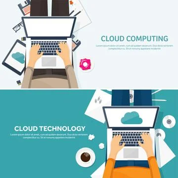 Vector illustration. Workplace,table with documents,computer. Flat cloud Stock Illustration