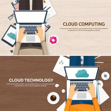 Vector illustration. Workplace,table with documents,computer. Flat cloud イラスト素材