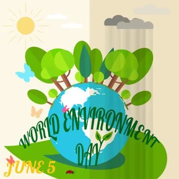 Vector illustration of World Environment Day with a globe, butterflies, for.. Stock Illustration