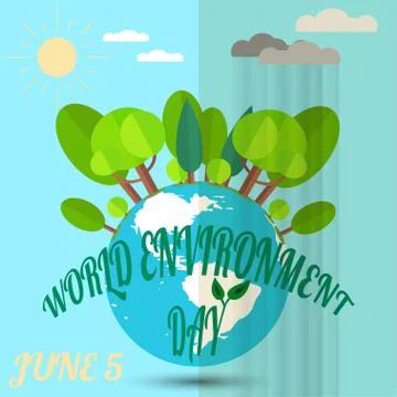 Vector illustration of World Environment Day with a globe, sun, forest, rai.. Stock Illustration