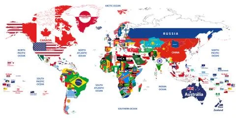 Vector illustration of world map jointed with national flags Stock Illustration