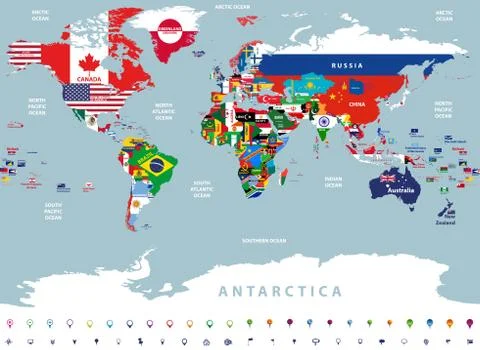 Vector illustration of world map jointed with national flags Illustrazione stock