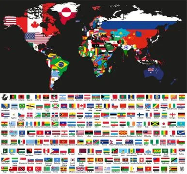 Vector illustration of world map jointed with national flags Stock Illustration