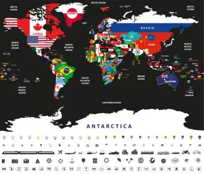 Vector illustration of world map jointed with national flags Stock Illustration